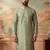 Mens green silk blend solid embroidered kurta with trousers