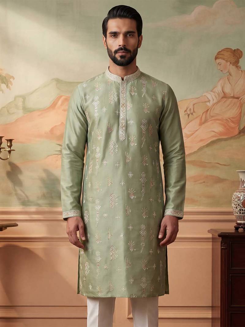 Mens green silk blend solid embroidered kurta with trousers