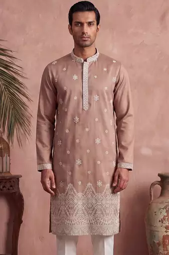 Mens pink silk blend solid embroidered kurta with trousers