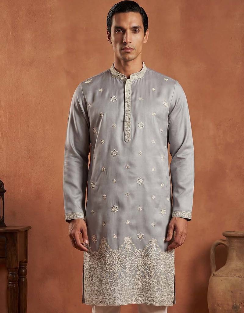 Mens blue silk blend solid embroidered kurta with trousers