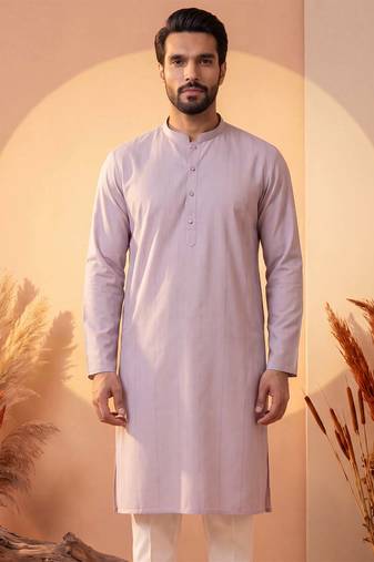 Mens lavender silk blend solid solid kurta with trousers