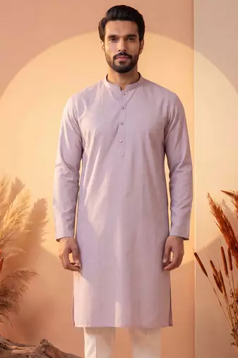 Mens lavender silk blend solid solid kurta with trousers