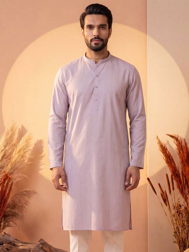 Mens lavender silk blend solid solid kurta with trousers