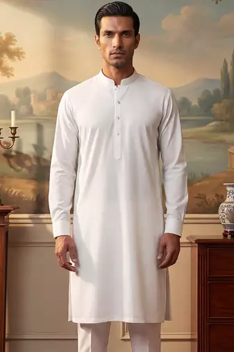 Mens white silk blend solid solid kurta with trousers