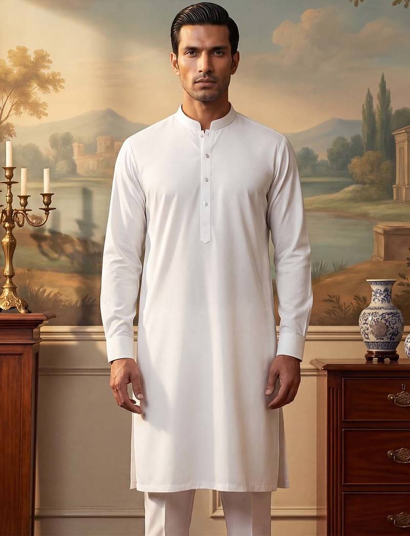 Mens white silk blend solid solid kurta with trousers