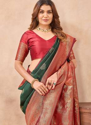 Sea green silk blend banarasi saree with unstitched blouse piece 6