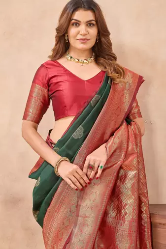Sea green silk blend banarasi saree with unstitched blouse piece