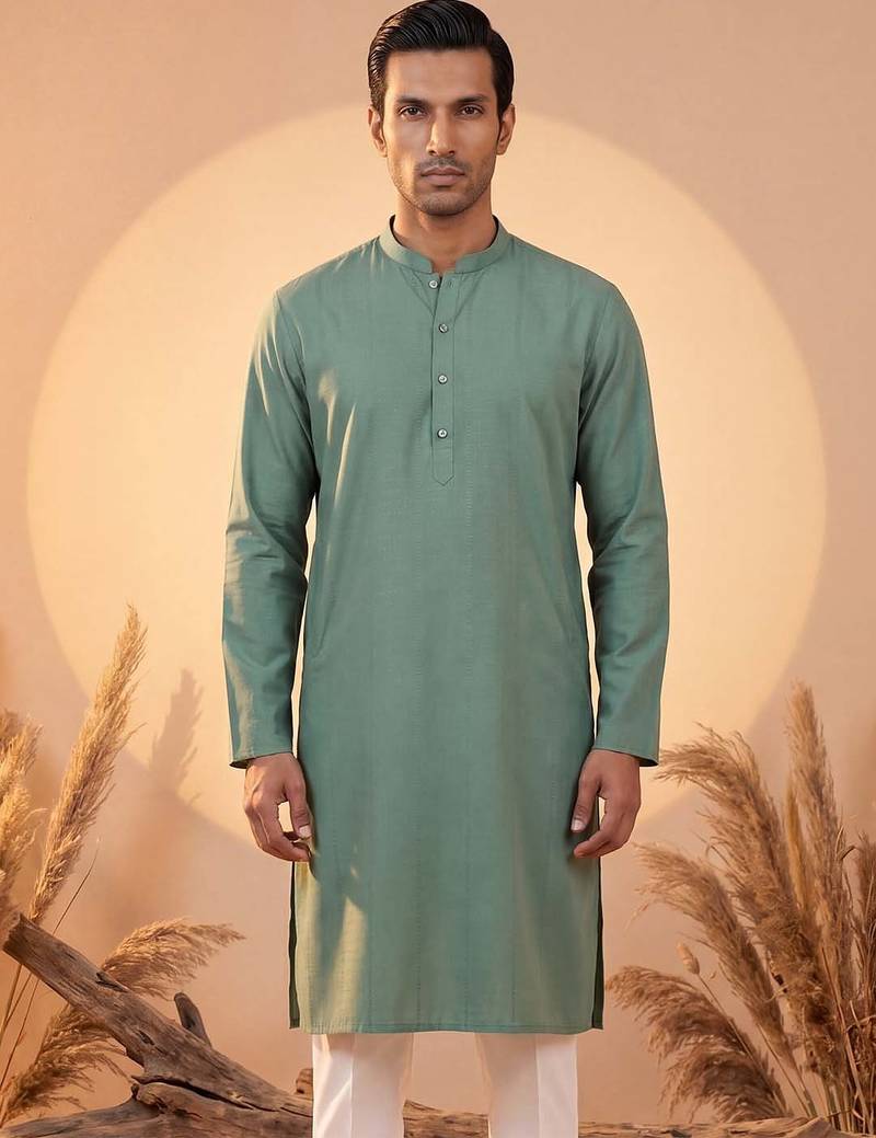 Mens green silk blend solid solid kurta with trousers