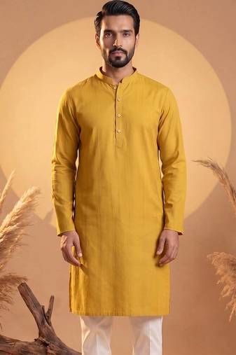 Mens yellow silk blend solid solid kurta with trousers