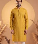 Mens yellow silk blend solid solid kurta with trousers