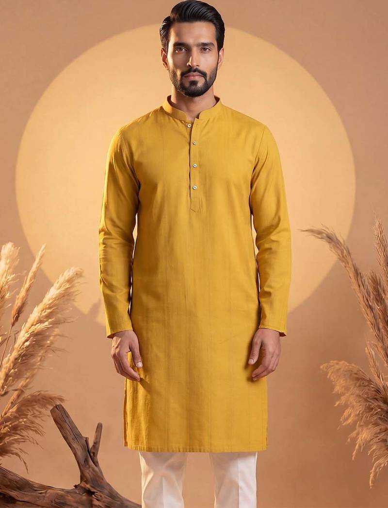Mens yellow silk blend solid solid kurta with trousers