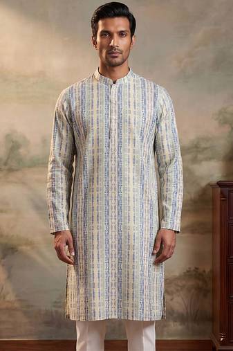 Mens multi silk blend abstract printed kurta with trousers
