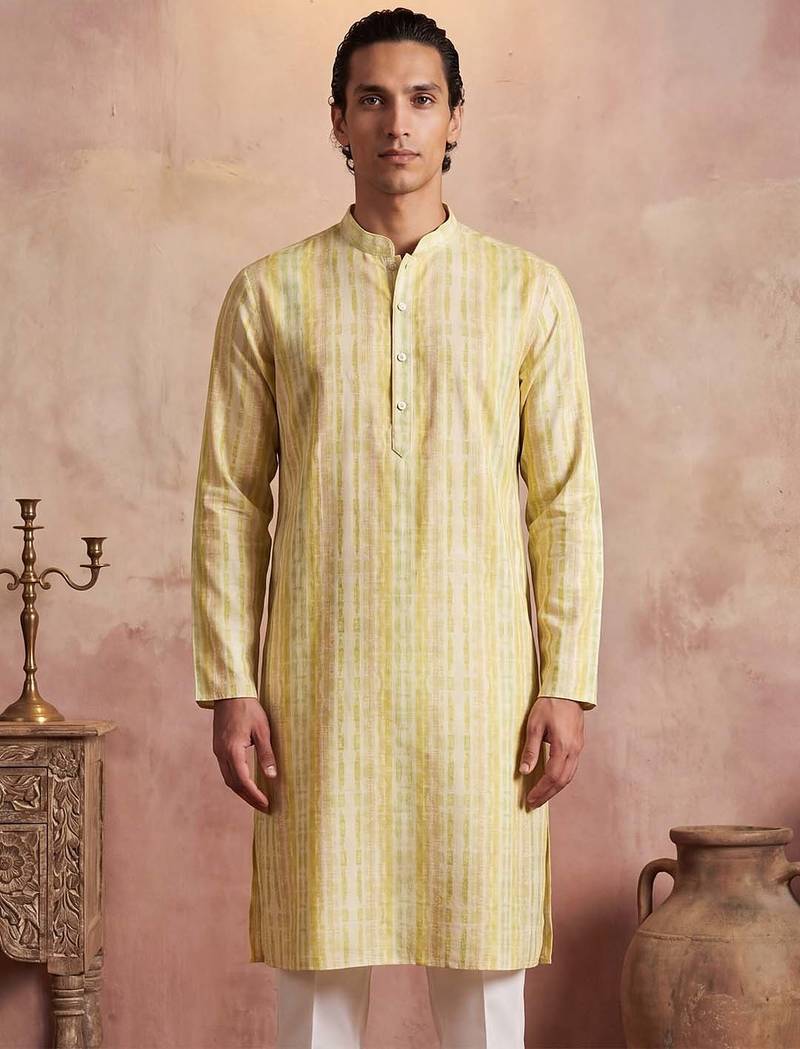 Mens multi silk blend abstract printed kurta with trousers