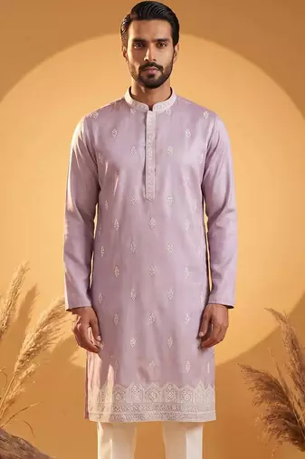 Mens lavender silk blend solid embroidered kurta with trousers