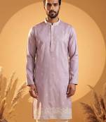 Mens lavender silk blend solid embroidered kurta with trousers