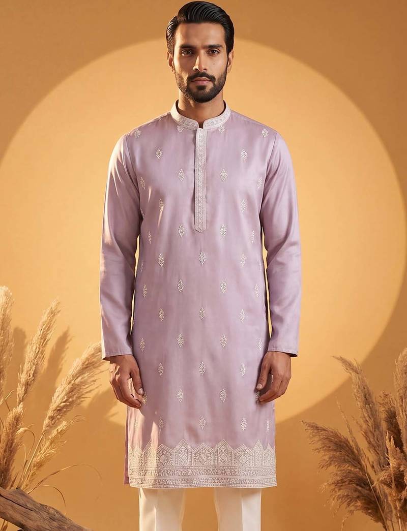 Mens lavender silk blend solid embroidered kurta with trousers