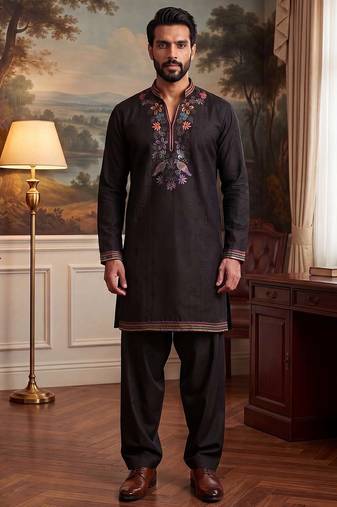 Mens black silk blend embroidered straight kurta with trousers