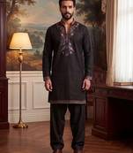 Mens black silk blend embroidered straight kurta with trousers