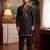 Mens black silk blend embroidered straight kurta with trousers