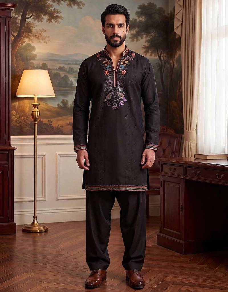 Mens black silk blend embroidered straight kurta with trousers