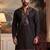 Mens black silk blend embroidered straight kurta with trousers