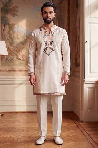 Mens white silk blend embroidered straight kurta with trousers