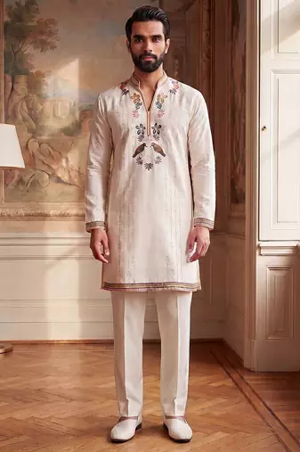 Mens white silk blend embroidered straight kurta with trousers