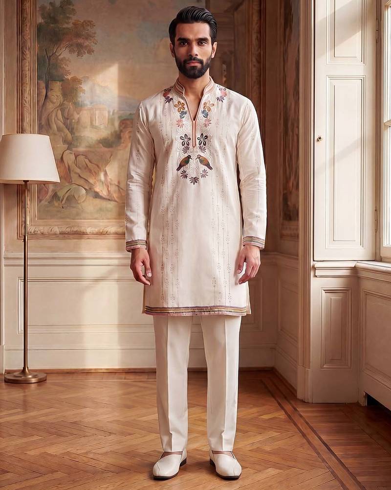 Mens white silk blend embroidered straight kurta with trousers