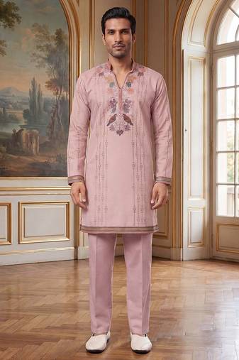 Mens lavender silk blend embroidered straight kurta with trousers