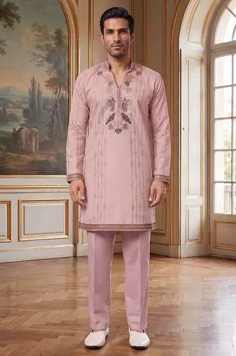 Mens lavender silk blend embroidered straight kurta with trousers