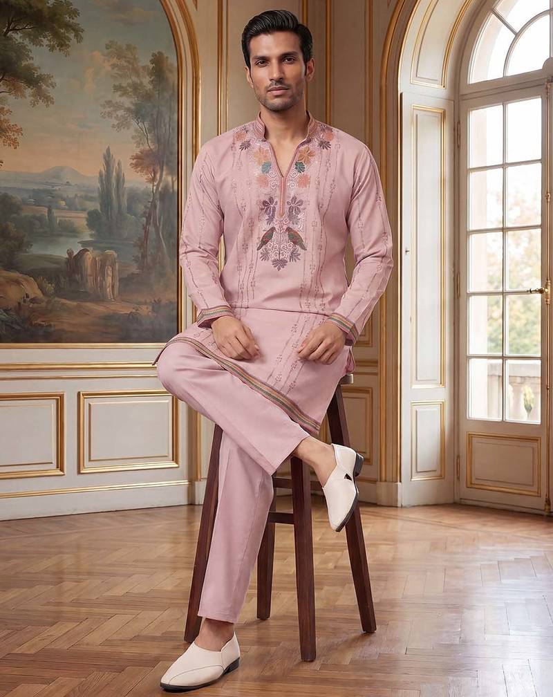 Mens lavender silk blend embroidered straight kurta with trousers