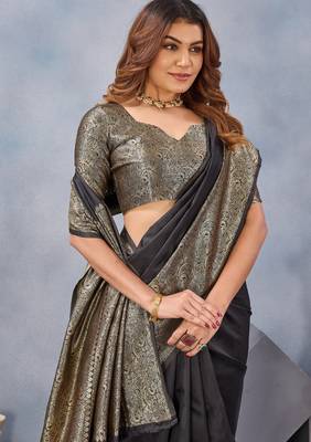 Black silk blend banarasi saree with unstitched blouse piece 6