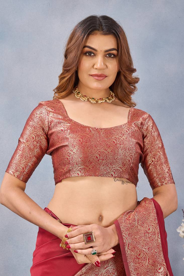Maroon silk blend banarasi saree with unstitched blouse piece