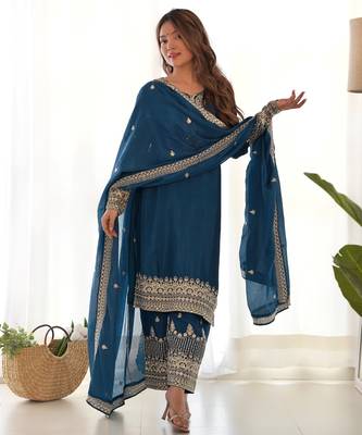 Trendy chinon silk embroidery sequins work teal blue readymade salwar suit 4