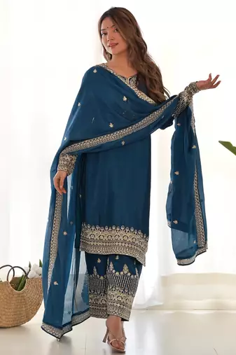 Trendy chinon silk embroidery sequins work teal blue readymade salwar suit