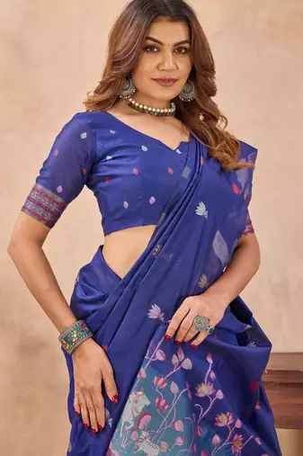 Blue linen festive saree with unstitched blouse piece