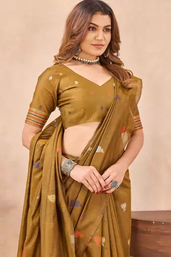 Mustard linen festive saree with unstitched blouse piece