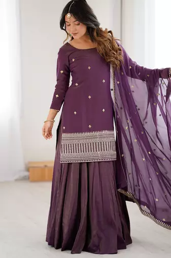 Heavy chanderi silk embroidery sequins work purple readymade lehenga suit