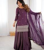 Heavy chanderi silk embroidery sequins work purple readymade lehenga suit