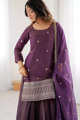 Heavy chanderi silk embroidery sequins work purple readymade lehenga suit
