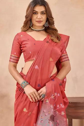 Peach linen festive saree with unstitched blouse piece