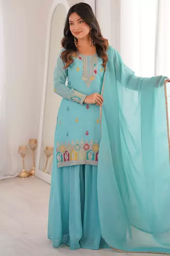 Pure crunchy silk embroidery sequins,thread and jari work skyblue readymade salwar suit