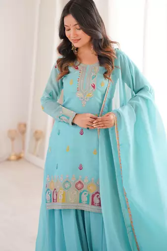 Pure crunchy silk embroidery sequins,thread and jari work skyblue readymade salwar suit