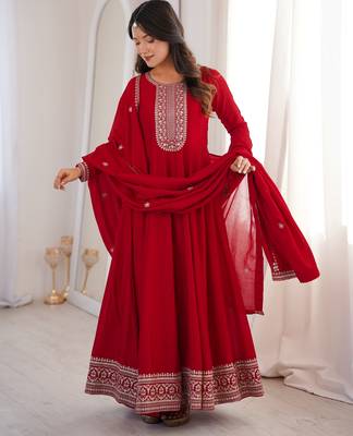 Trendy vichitra silk embroidery sequins work red readymade ethnic gown 1