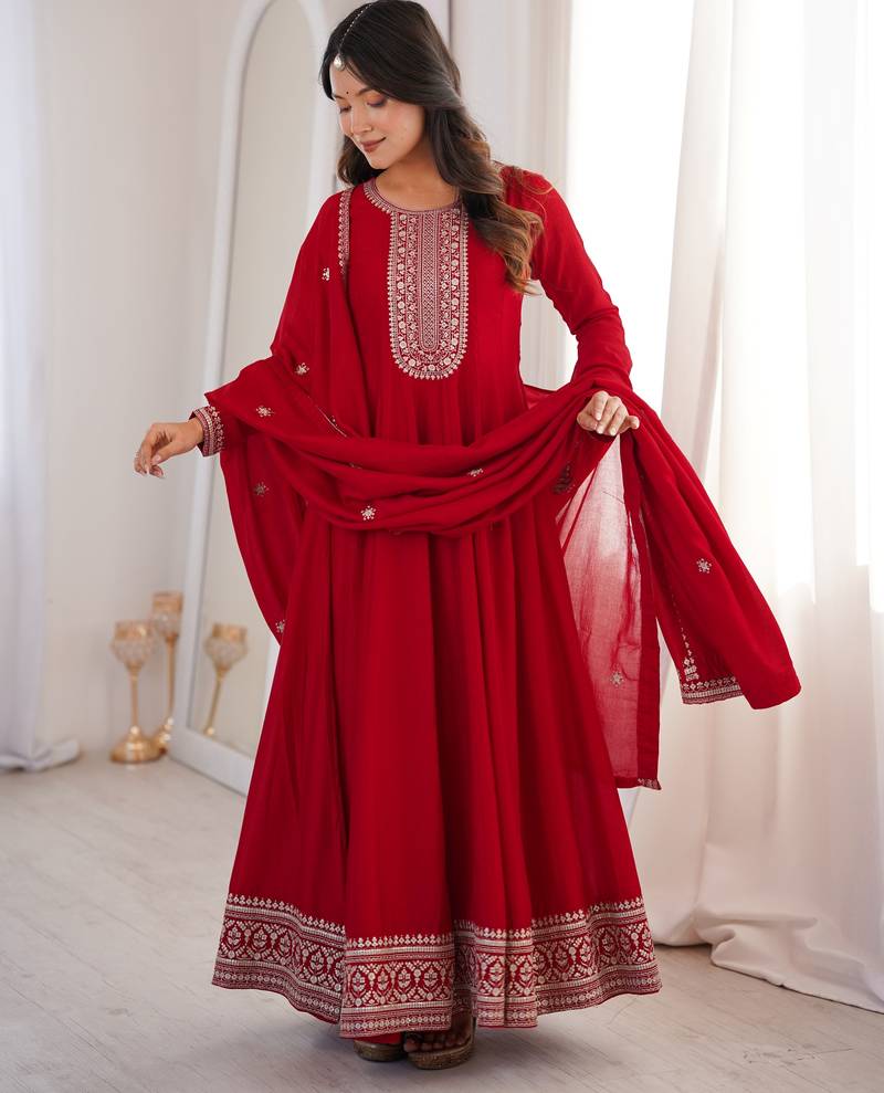 Trendy vichitra silk embroidery sequins work red readymade ethnic gown