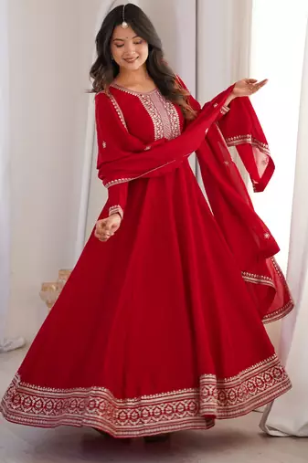 Trendy vichitra silk embroidery sequins work red readymade ethnic gown
