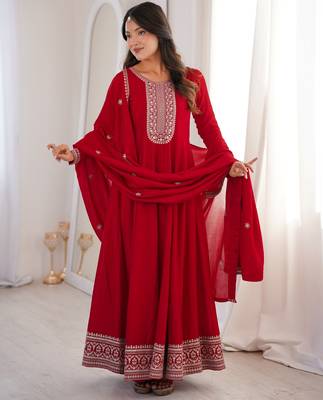 Trendy vichitra silk embroidery sequins work red readymade ethnic gown 3