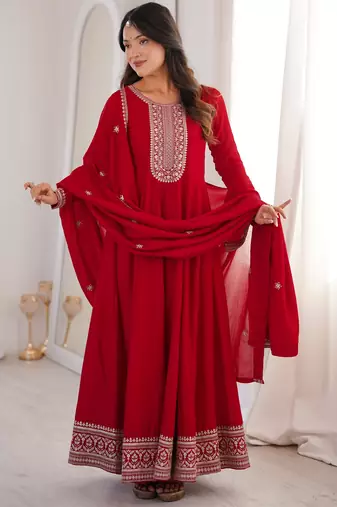 Trendy vichitra silk embroidery sequins work red readymade ethnic gown