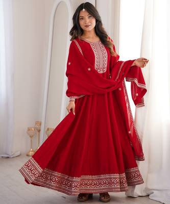 Trendy vichitra silk embroidery sequins work red readymade ethnic gown 4