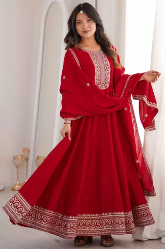 Trendy vichitra silk embroidery sequins work red readymade ethnic gown